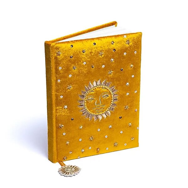 Notizbuch Samt gelb mit Sonne -- 20x15 cm