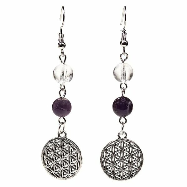 Ohrringe Bergkristall/Amethyst+Blume des Lebens -- 8mm