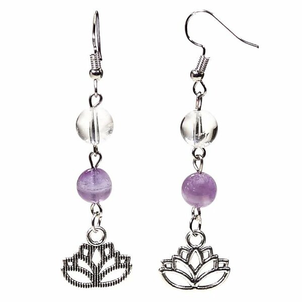 Ohrringe Chevron-Amethyst/Bergkristall mit Lotus -- 8mm