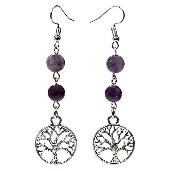 Ohrringe Fluorit/Amethyst mit Baum des Lebens -- 8 mm