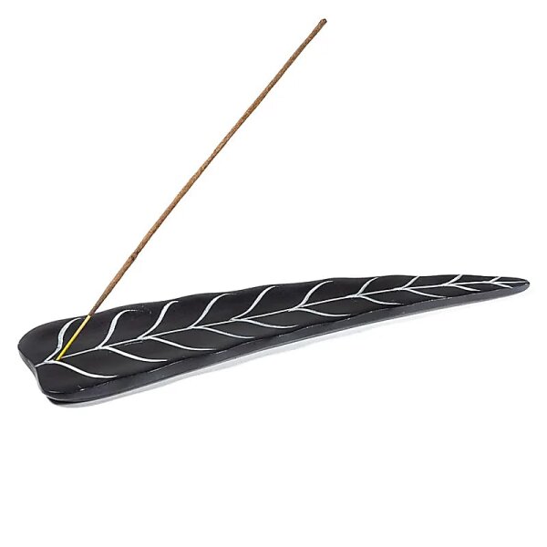 Räucherstäbchenhalter Blatt Speckstein schwarz -- 25x6.5 cm