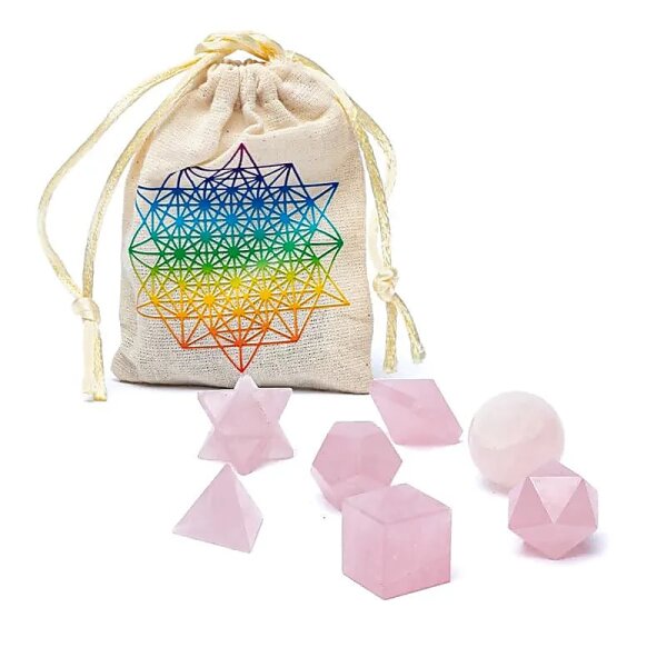 Rosenquarz Heilige Geometrie 7-teiliges Set -- ±6,7x9cm