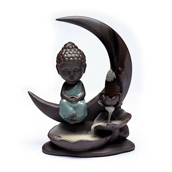 Rückfluss Wasserfall Weihrauchbrenner Buddha Mond -- 16.5x13x6cm