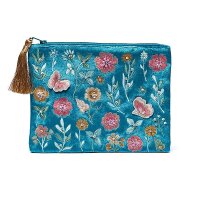 Samtbeutel mit Reißverschluss blau mit Blumen --...