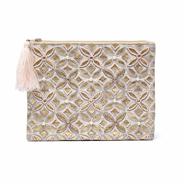 Samttasche mit Reißverschluss beige/gold mit Blume des Lebens -- 20x15 cm