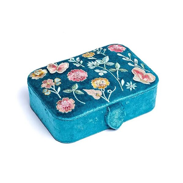 Schmuck- / Tarotkästchen Samt blau mit Blumen -- 11x15,5x5 cm