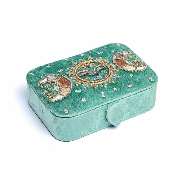 Schmuck- / Tarotkästchen Samt mint mit Mondphasen -- 11x15,5x5 cm
