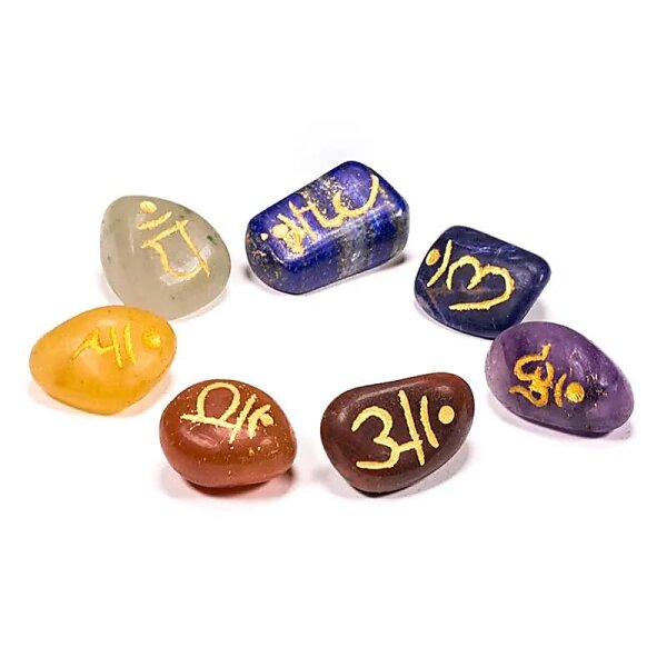 SET Chakra engraved Sanskrit tumbled stones -- 2.5 cm
