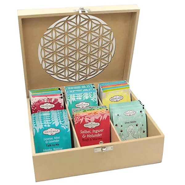 Set: Teedose mit 6x Shoti Maa Teemix BIO -- 22x18x8 cm