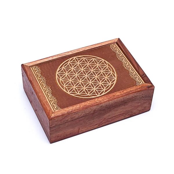 Tarotkistchen geschnitzt, Blume des Lebens -- 17.5x13x6.5 cm