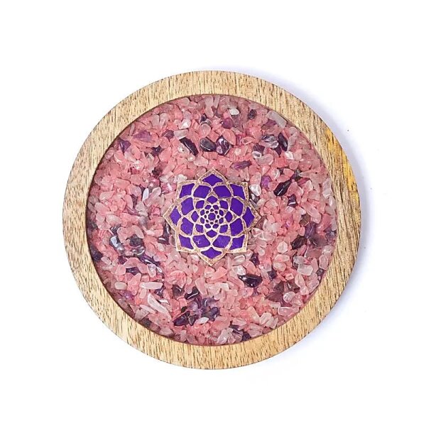 Untersetzer Holz Lotus, Rosenquarz & Amethyst -- 10cm