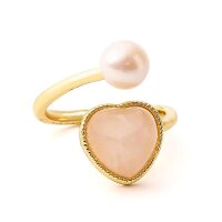 Verstellbarer Ring mit Perle und Rosenquarz-Herz --...