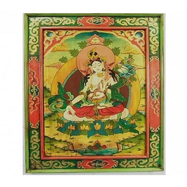 Weiße Tara handbemalte Thangka Holztafel -- 66x52 cm