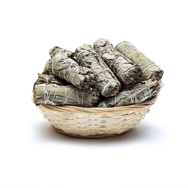 Weißer Salbei Smudge mit Eukalyptus S pro 24 Stück im Korb -- ±10–11 cm; ±25-35 g