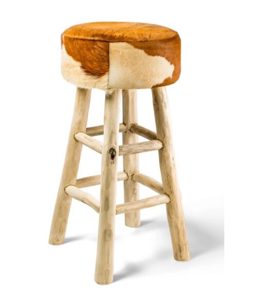 Stierfell-Bar-Hocker echtes Stierfell Barstuhl braun/weiß rund Holzfuß 80cm hoch