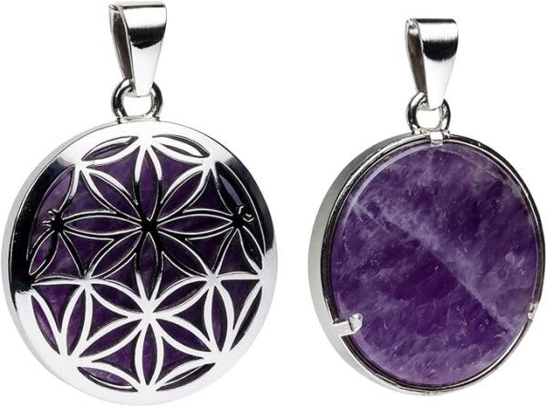 Abato Halskette Blume des Lebens mit Amethyst · handgefertigt in Bayern · geflochtenes, natürlich gegerbtes Lederband · spiritueller Schmuck mit Symbolkraft, Achtsamkeit, Verbundenheit & Design